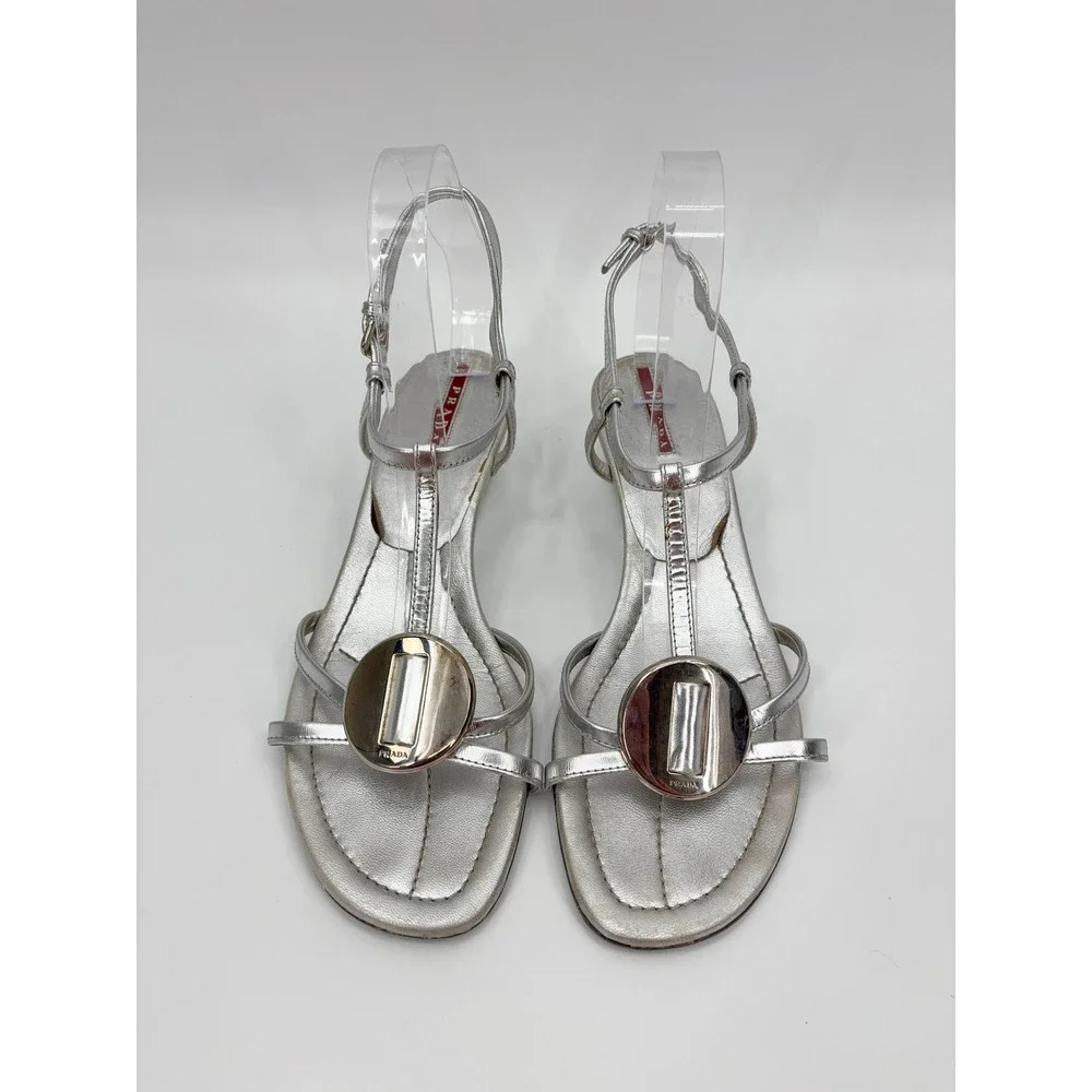 B5 Prada Metallic Leather Wedge Sandals 9.5 Silver T-Strap Medallion Strappy - Picture 4 of 14